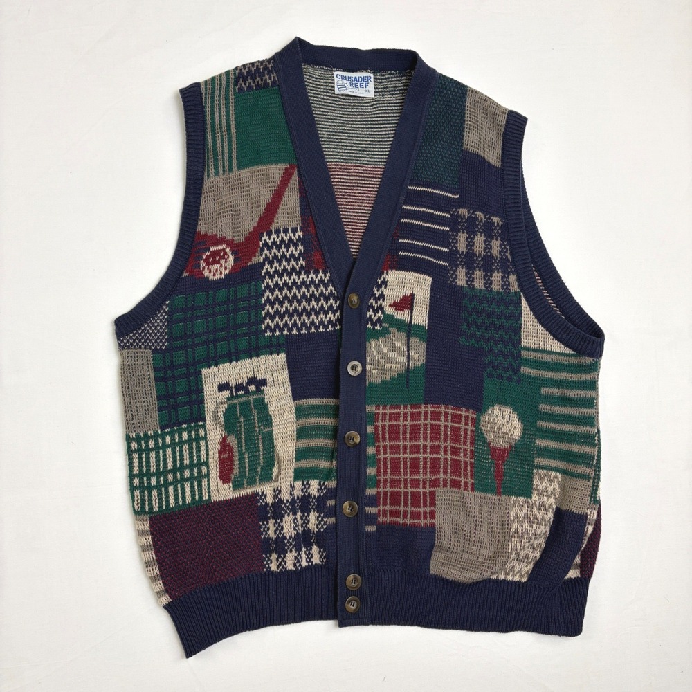 Crusader Reef Vintage Men XL Golf Patchwork Cotton Knit Sweater Vest USA Grandpa